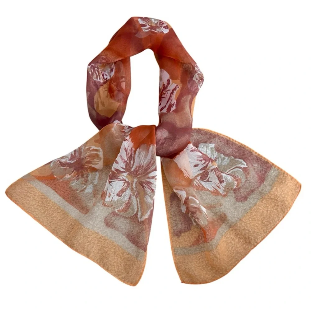 Vintage Silk Scarf Luxury Floral Botanical Print Hibiscus Flower Tan Coral Ivory
